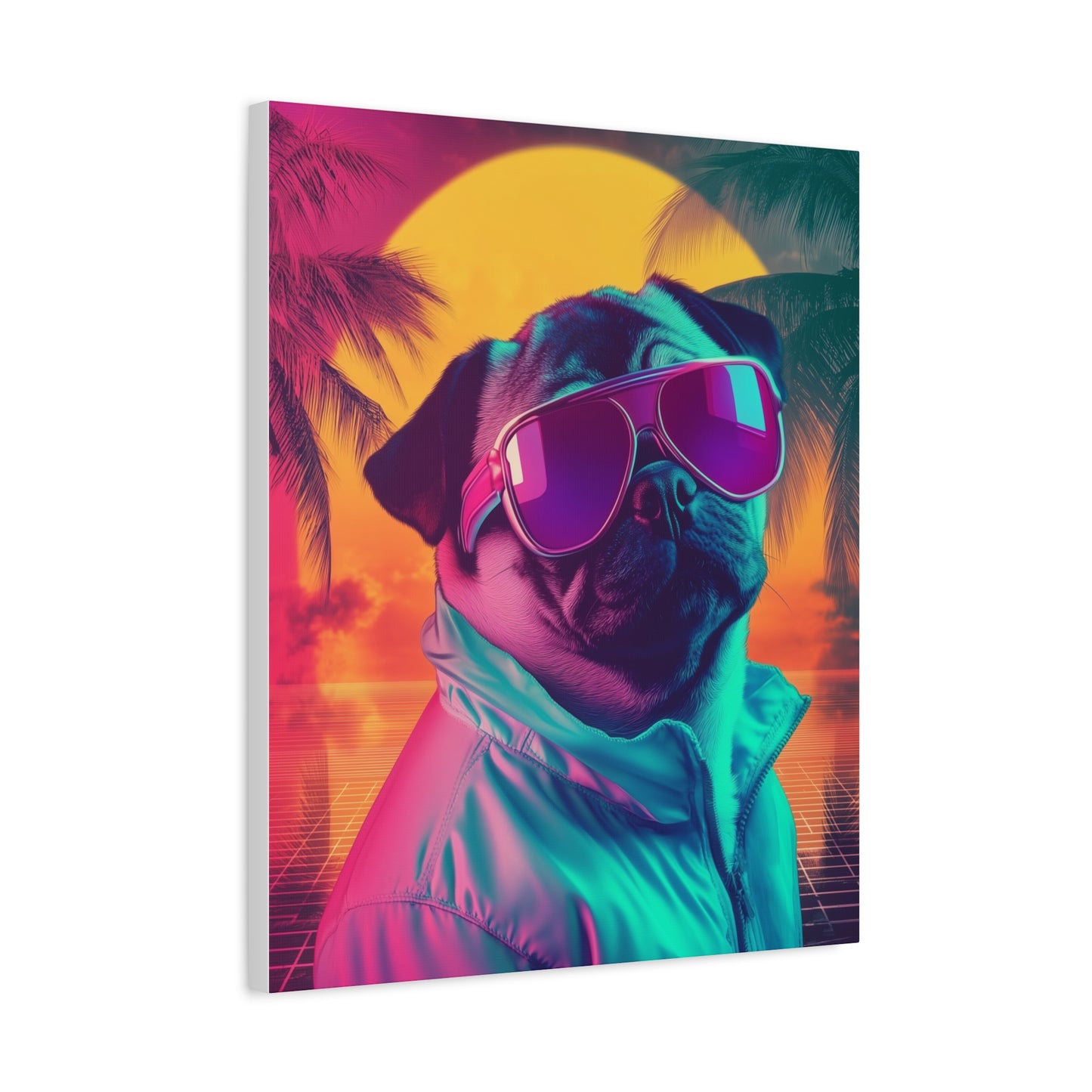 Pug in Neon Sunset: "Retro Ruff Royalty." | Matte Canvas Print, Stretched, 1.25 | Retro Edition™