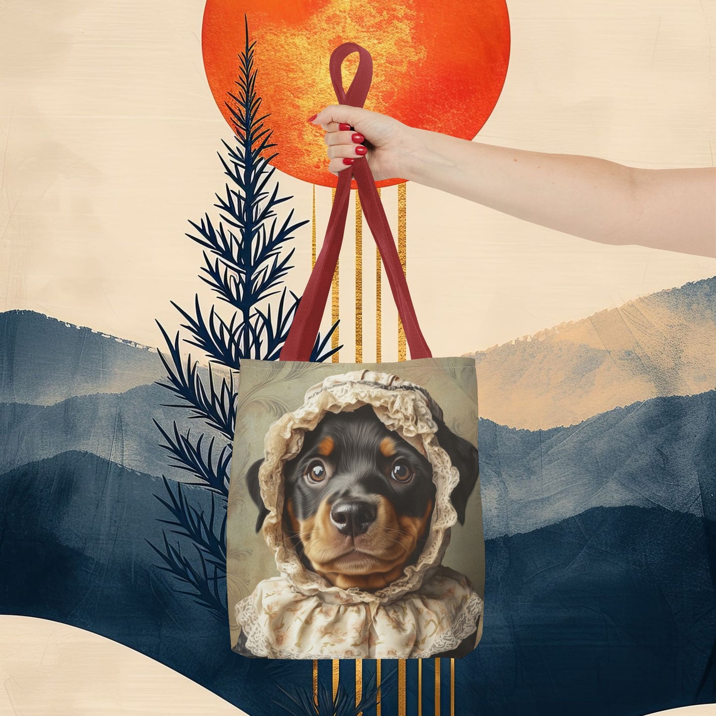 Rottweiler in Lace Bonnet: "The Tender Guardian" | Tote Bag (AOP) | Puppy Love Edition™