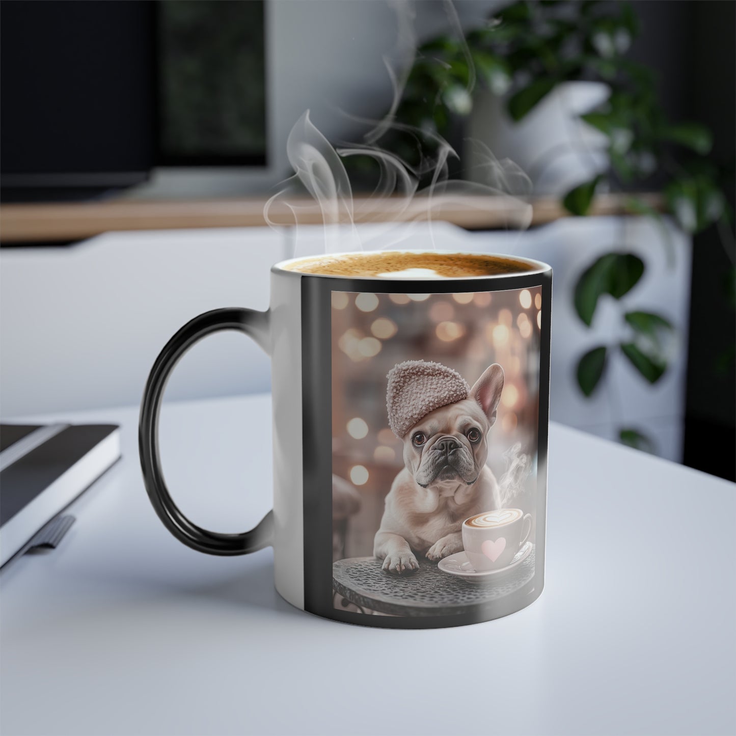 French Bulldog in Pink Beret: "Café Companion" | Color Morphing Coffee Mug, 11oz | Cafe Companion Edition™