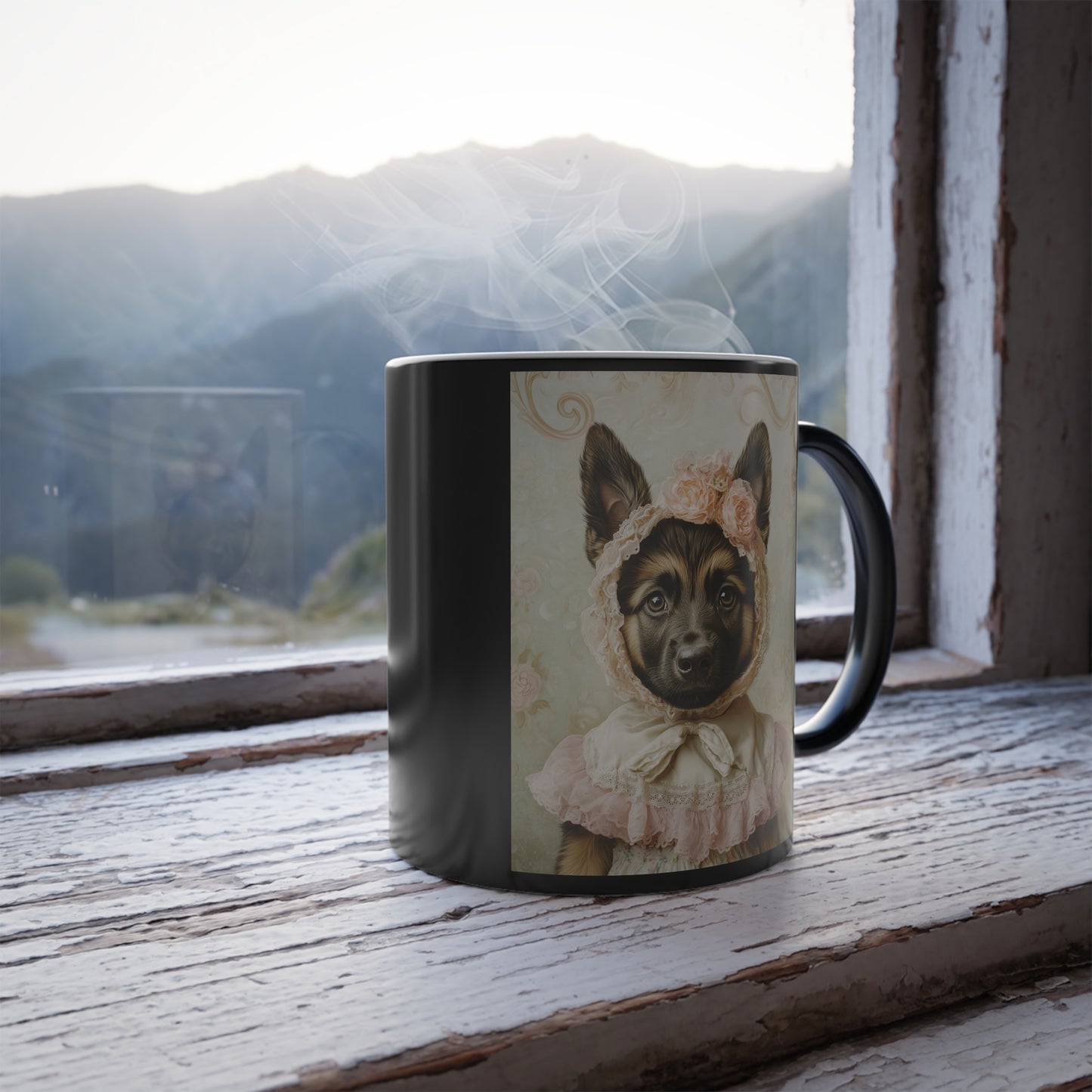 German Shepherd in Lace Bonnet: "Pastoral Guardian" | Color Morphing Coffee Mug, 11oz | Puppy Love Edition™