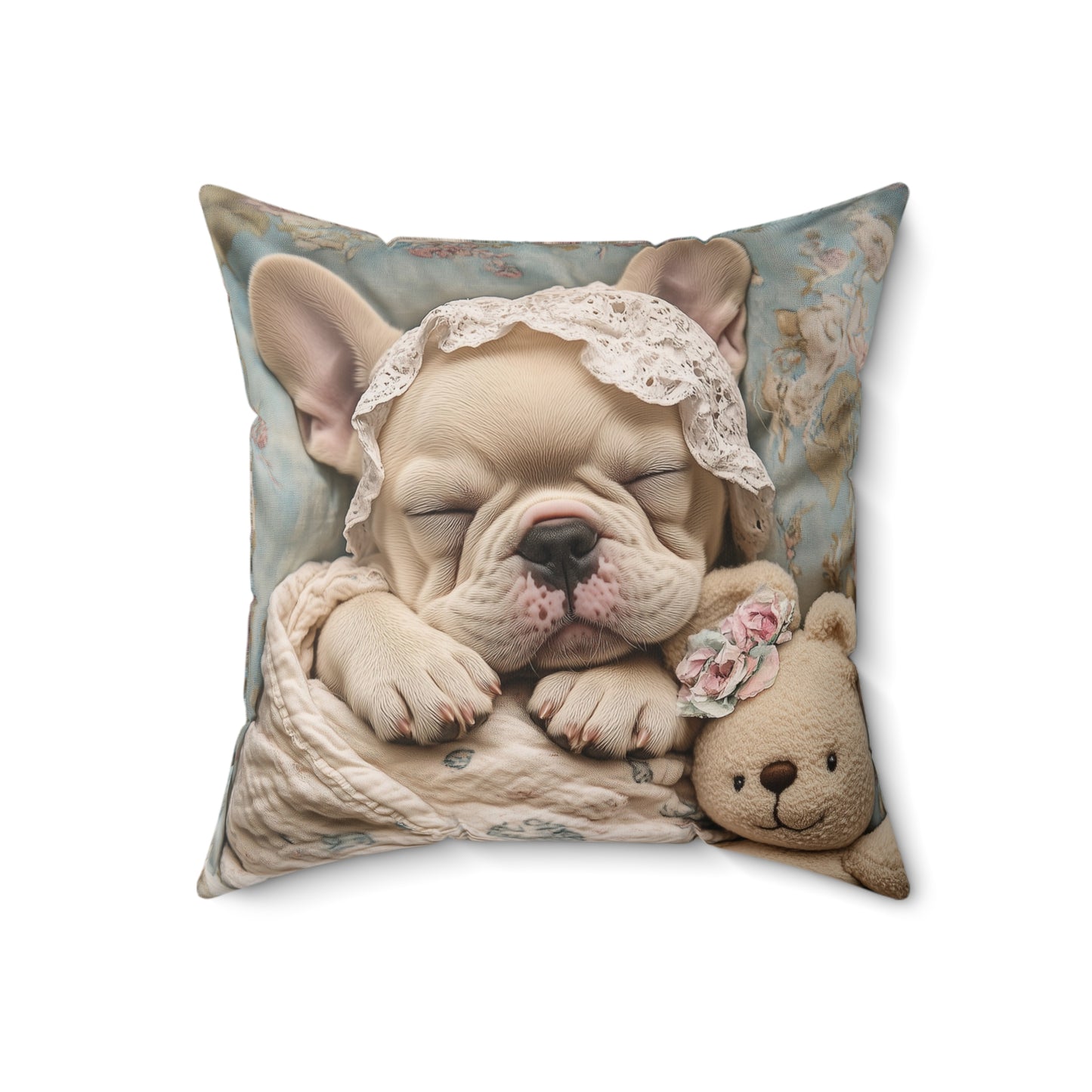 French Bulldog in Baby Bonnet: "Dreamy Slumber" | Spun Polyester Square Pillow | Puppy Love Edition™