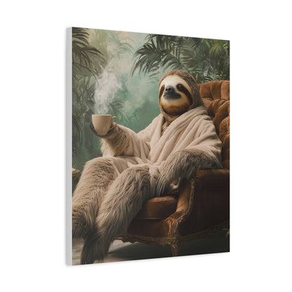 Sloth in Bathrobe with Coffee: "The Relaxed Royal" | Matte Canvas Print, Stretched, 1.25 | Pawgue Chic Edition™