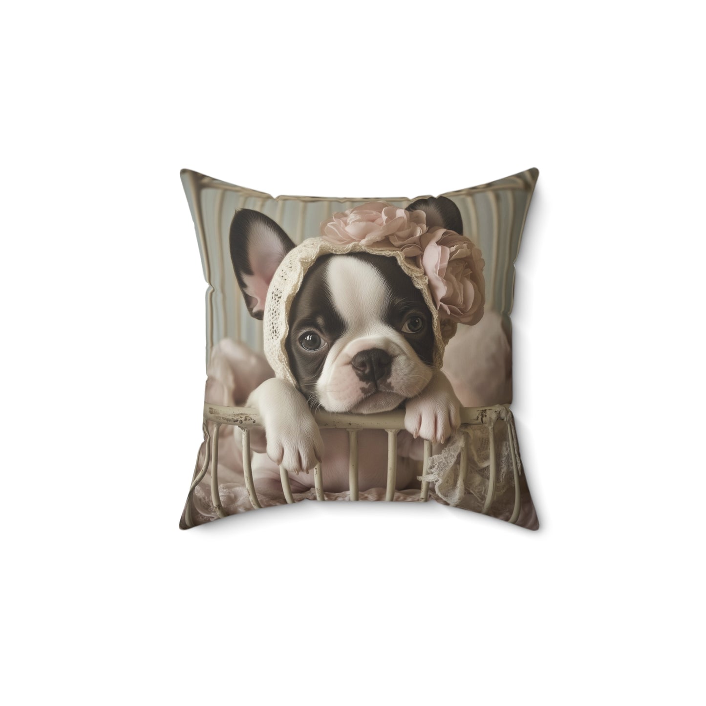 French Bulldog in Lace Bonnet: "Victorian Charm" | Spun Polyester Square Pillow | Puppy Love Edition™