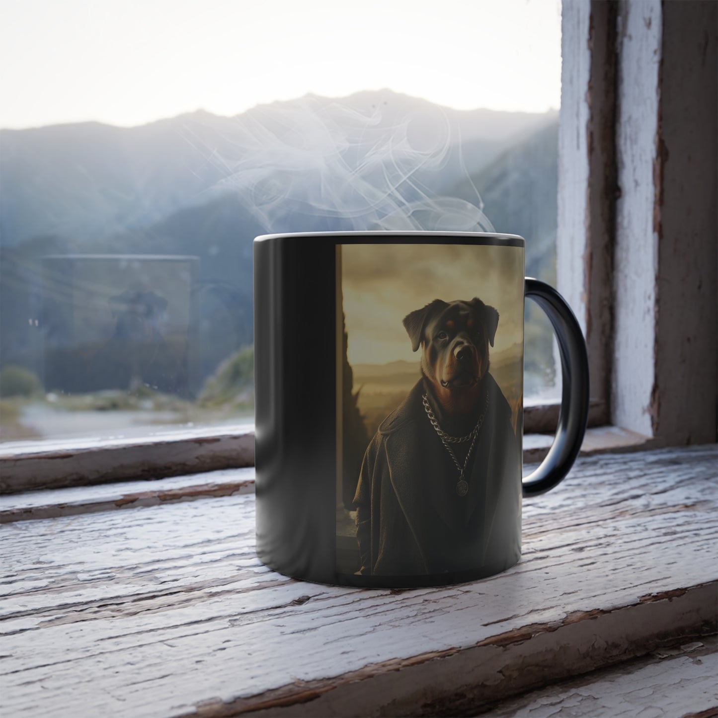 Rottweiler in Regal Eveningwear: "The Sunset Sentinel" | Color Morphing Coffee Mug, 11oz | Pawgue Chic Edition™