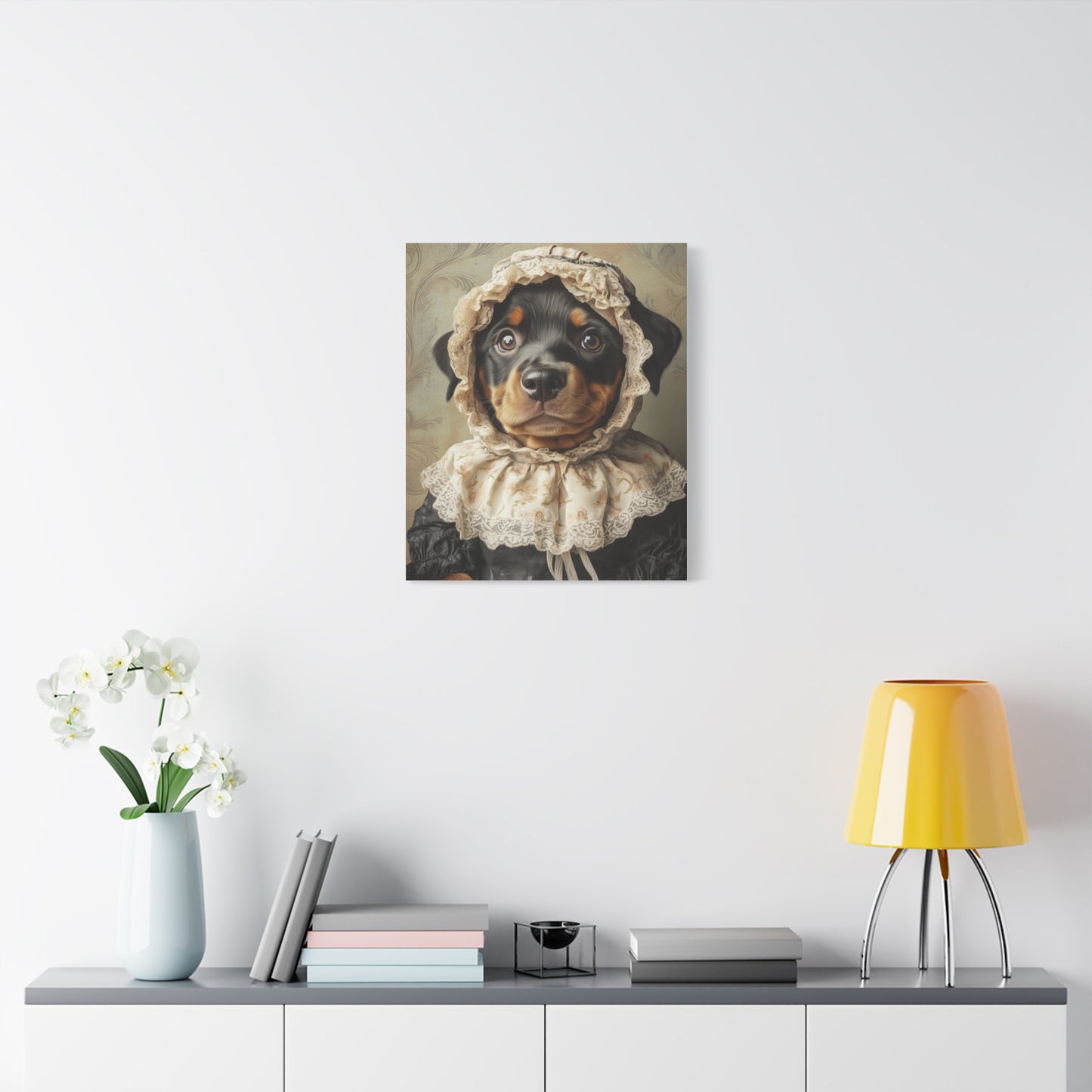 Rottweiler in Lace Bonnet: "The Tender Guardian" | Matte Canvas Print, Stretched, 1.25 | Puppy Love Edition™