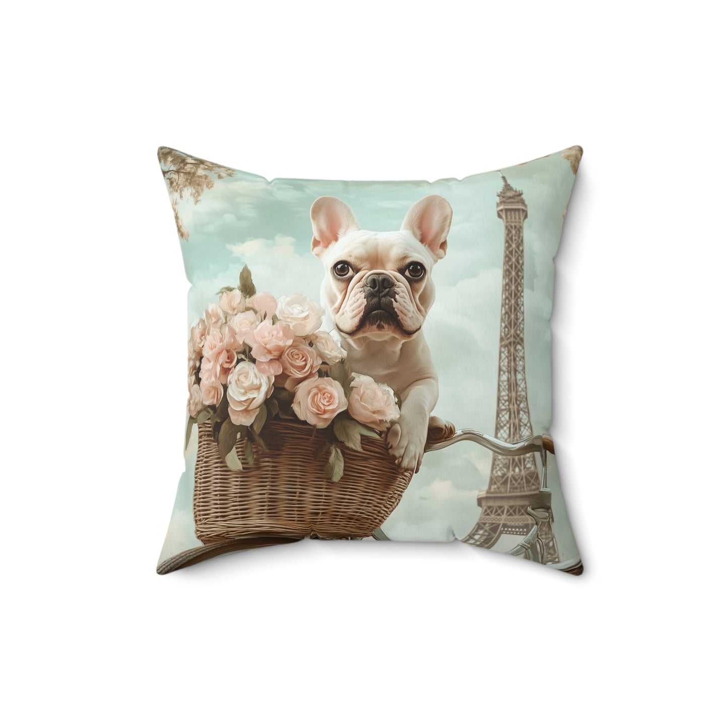 French Bulldog in Paris: "Paws and Petals" | Spun Polyester Square Pillow | Puppy Love Edition™