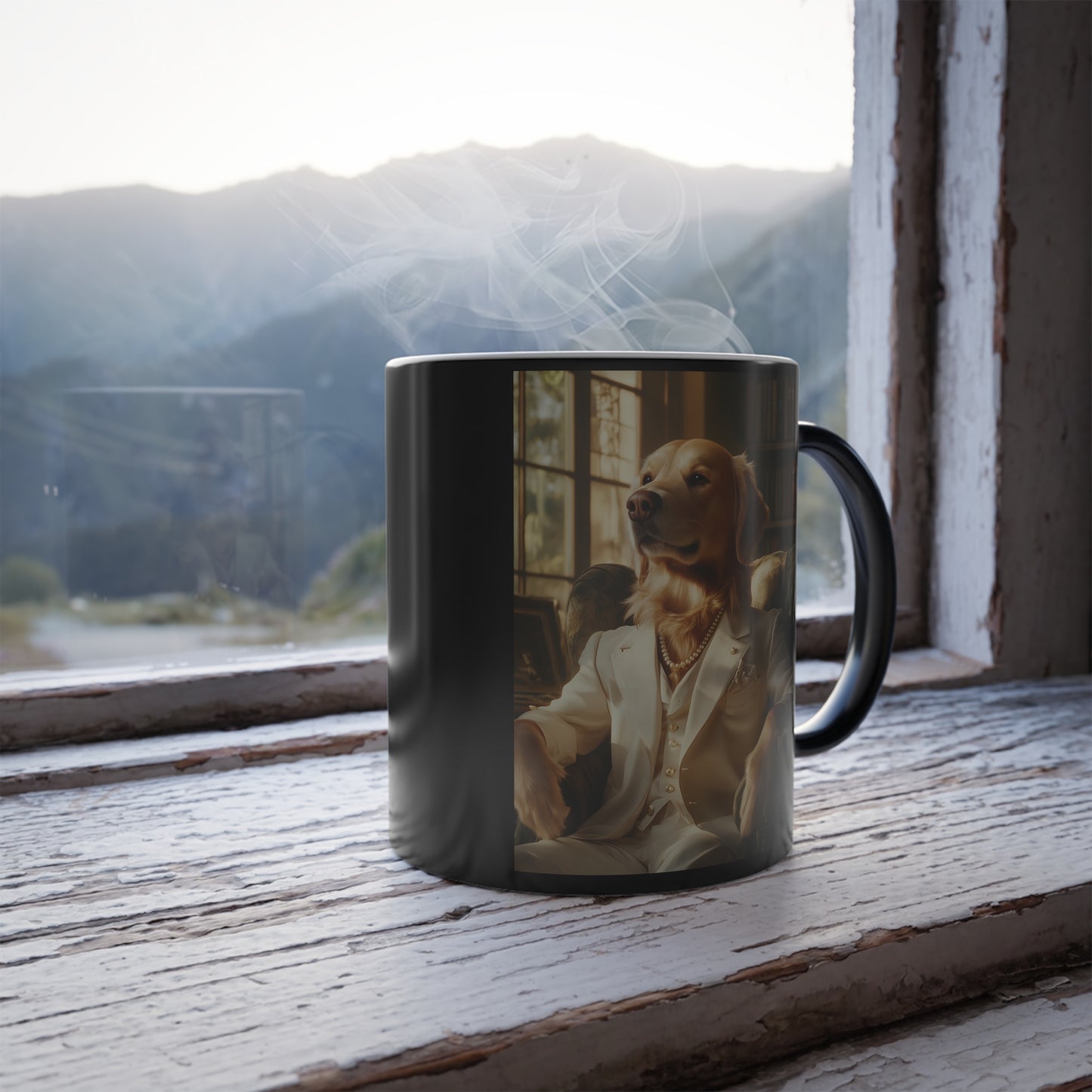 Golden Retriever in White Suit: "The Ivory Aristocrat" | Color Morphing Coffee Mug, 11oz | Pawgue Chic Edition™