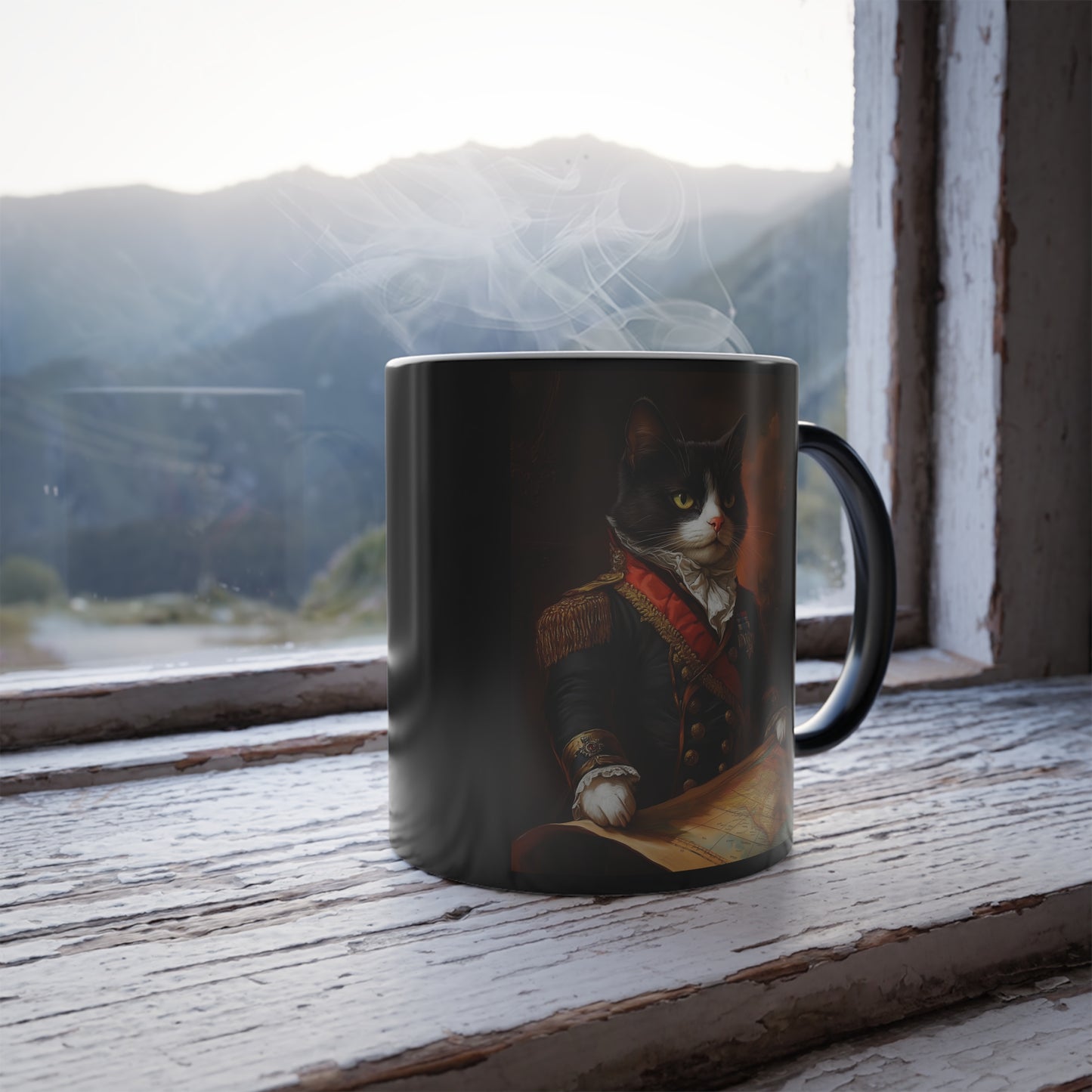 Tuxedo Cat as Napoleon: "Imperial Feline Majesty." | Color Morphing Coffee Mug, 11oz | Historical Fiction Edition™