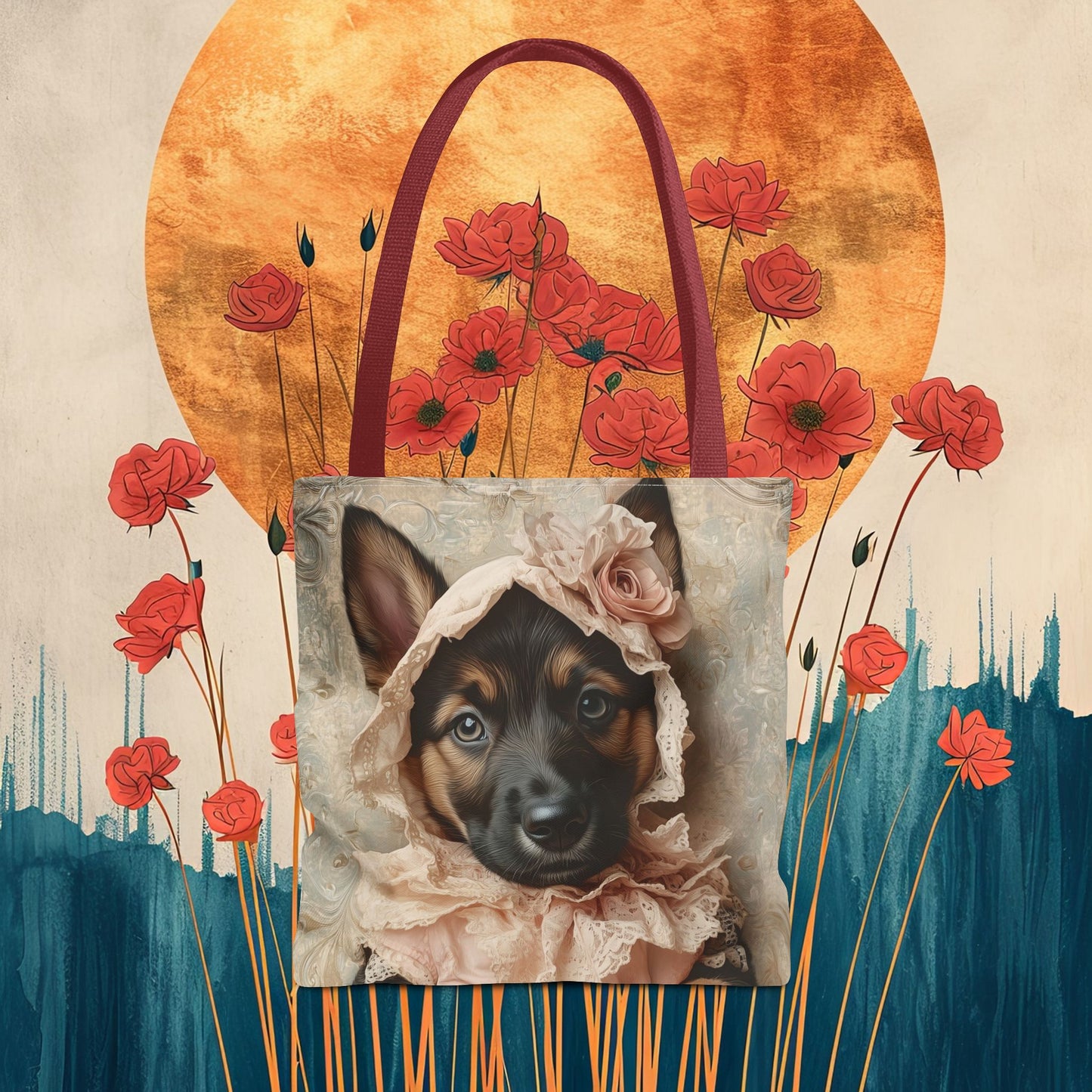 German Shepherd in Lace Bonnet: "Pastoral Guardian" | Tote Bag (AOP) | Puppy Love Edition™