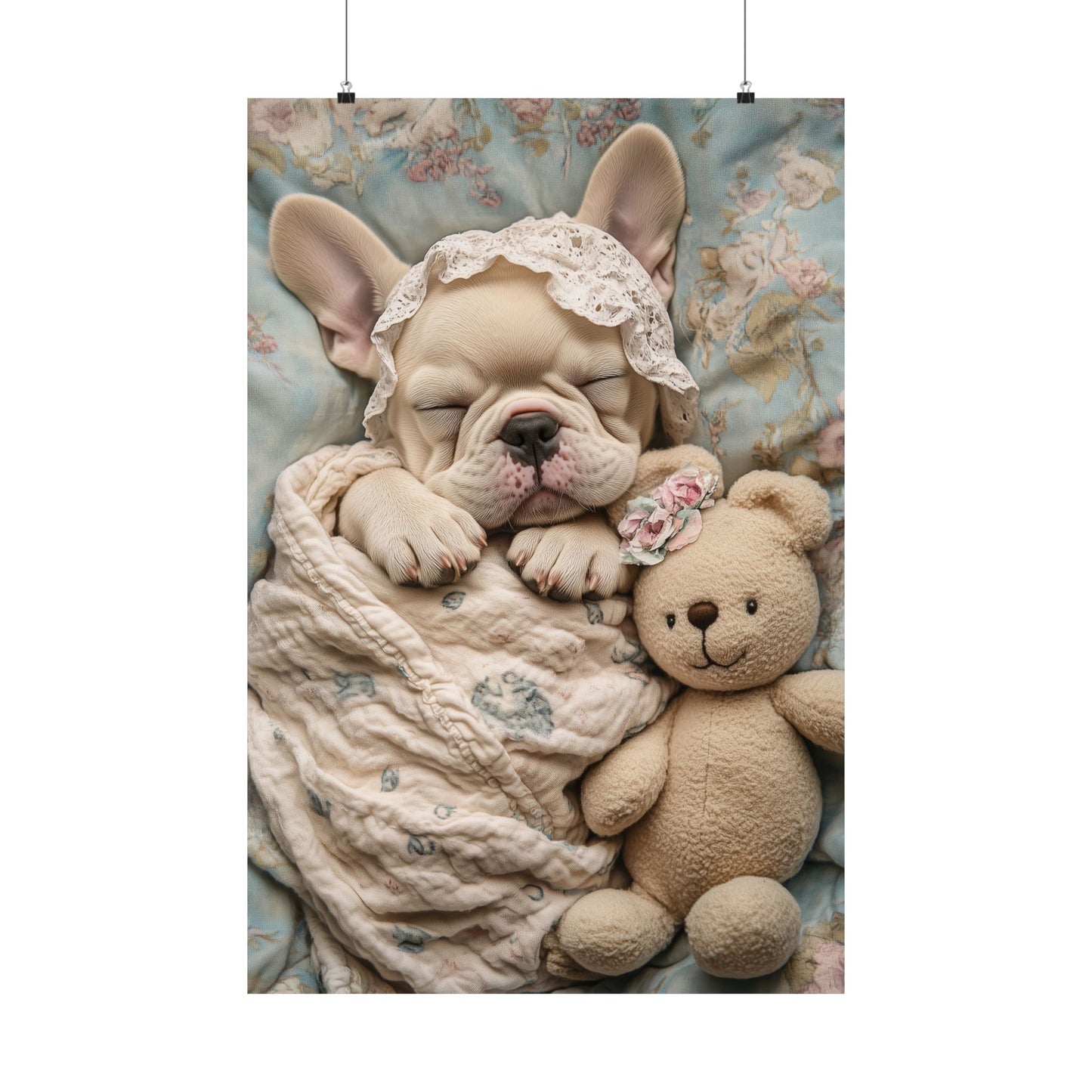 French Bulldog in Floral Blanket with Teddy Bear: "Dreamy Snuggles" | Matte Vertical Posters | Puppy Love Edition™