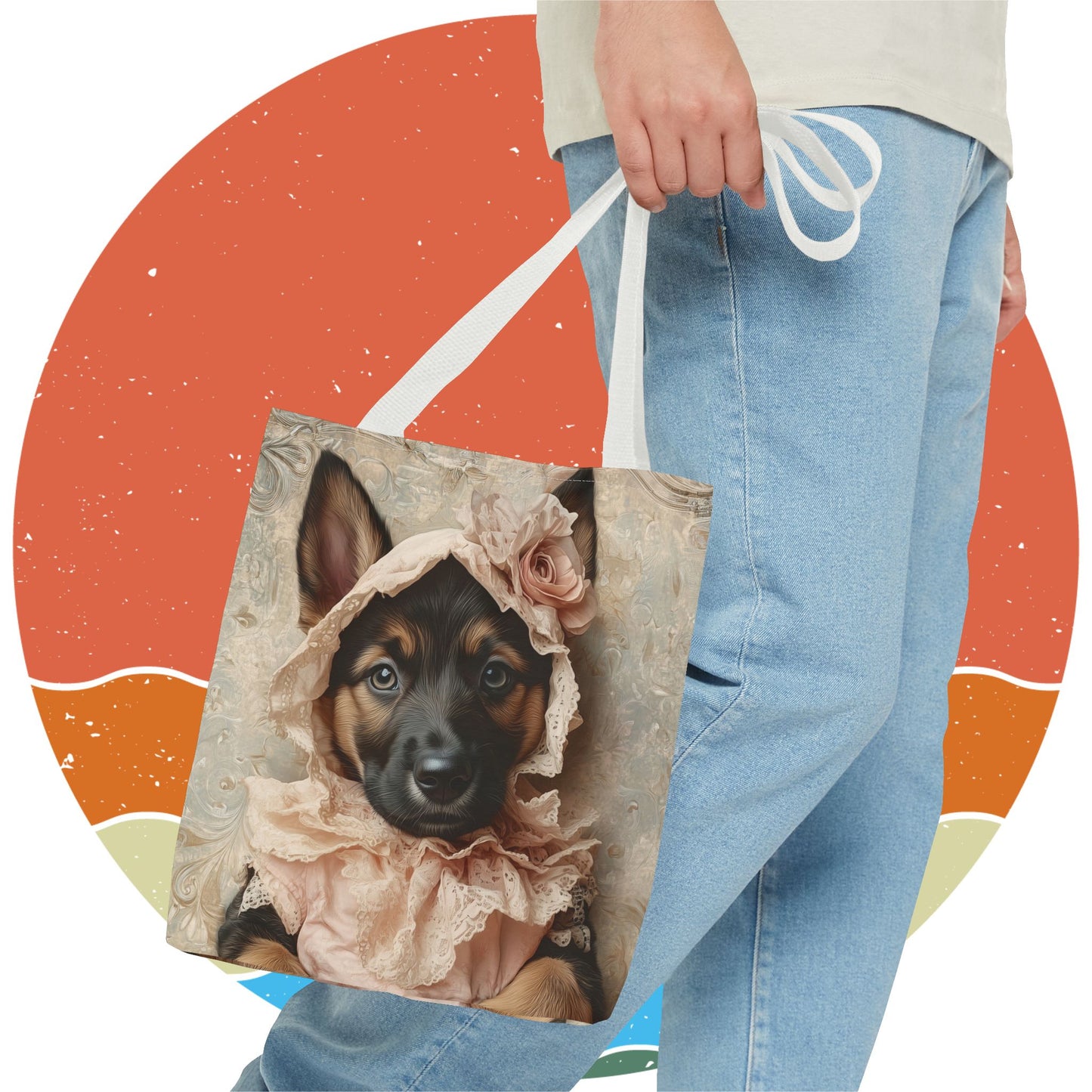 German Shepherd in Lace Bonnet: "Pastoral Guardian" | Tote Bag (AOP) | Puppy Love Edition™