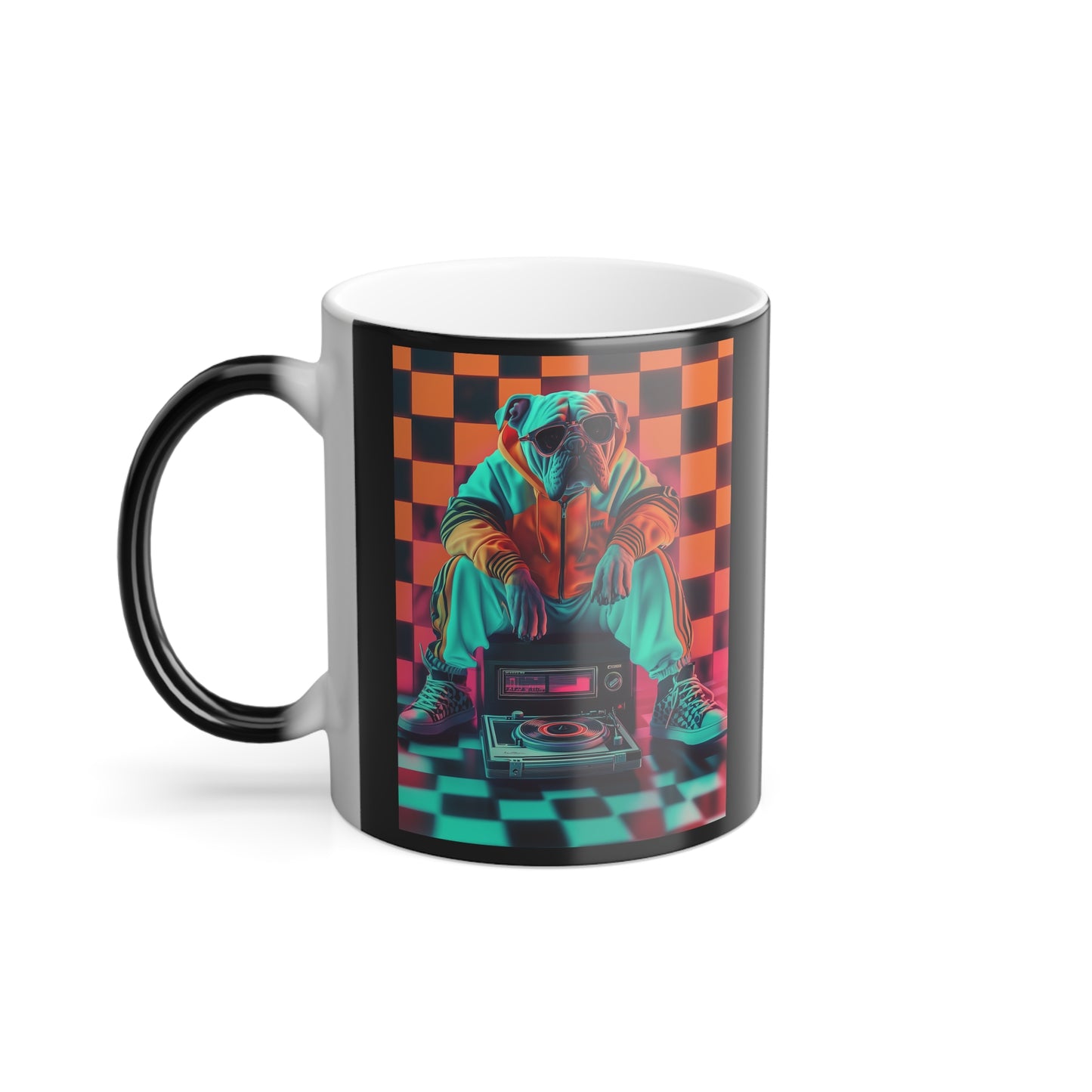 Bulldog in Neon Tracksuit: "Retro Bulldog Vibes" | Color Morphing Coffee Mug, 11oz | City Edition™