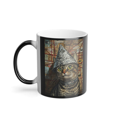 Tabby Cat in a Tinfoil Hat: "Conspiracy Cat Chronicles" | Color Morphing Coffee Mug, 11oz | Pawp Culture Edition™