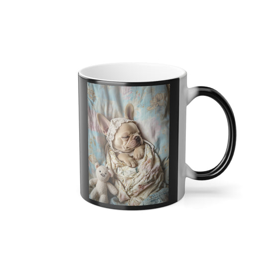 French Bulldog with Teddy Bear: "Lace and Cuddles" | Color Morphing Coffee Mug, 11oz | Puppy Love Edition™