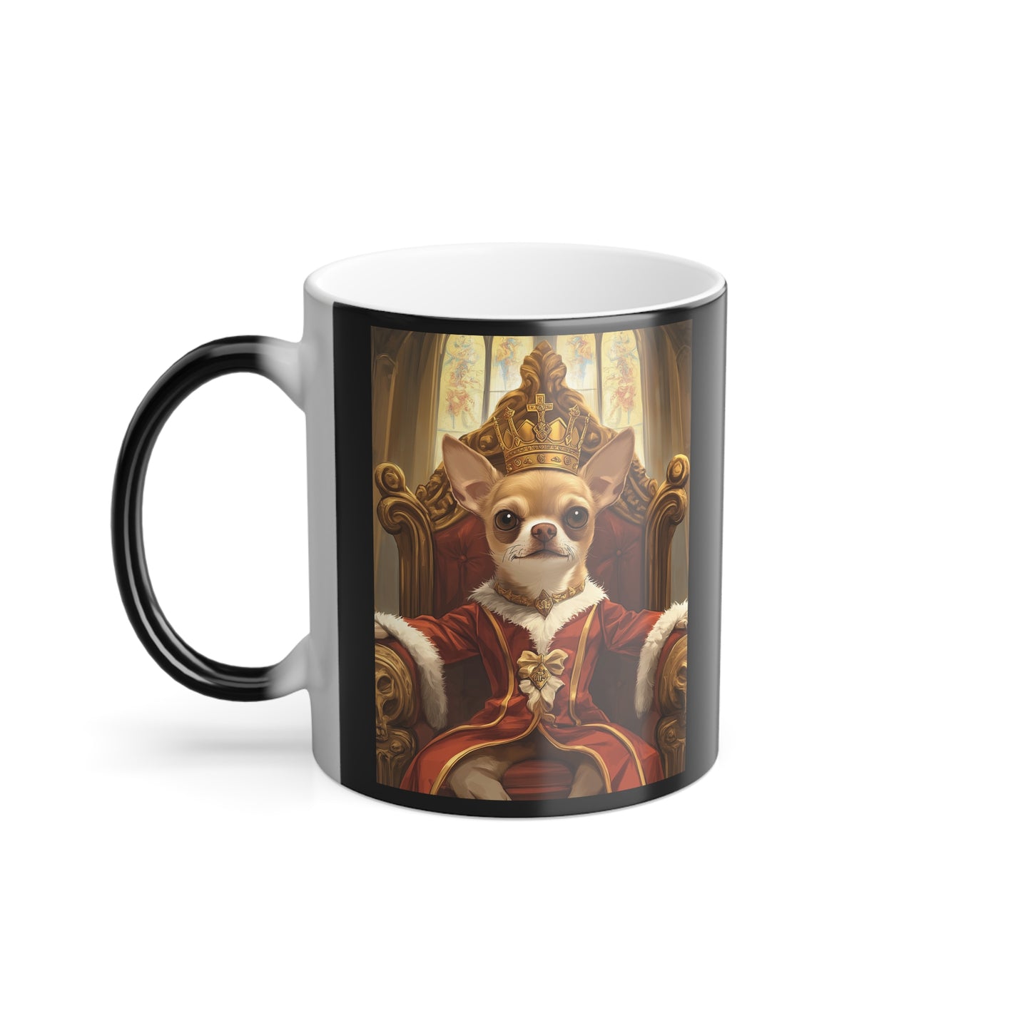 Chihuahua King on Throne: "Royal Canine Court" | Color Morphing Coffee Mug, 11oz | Historical Fiction Edition™