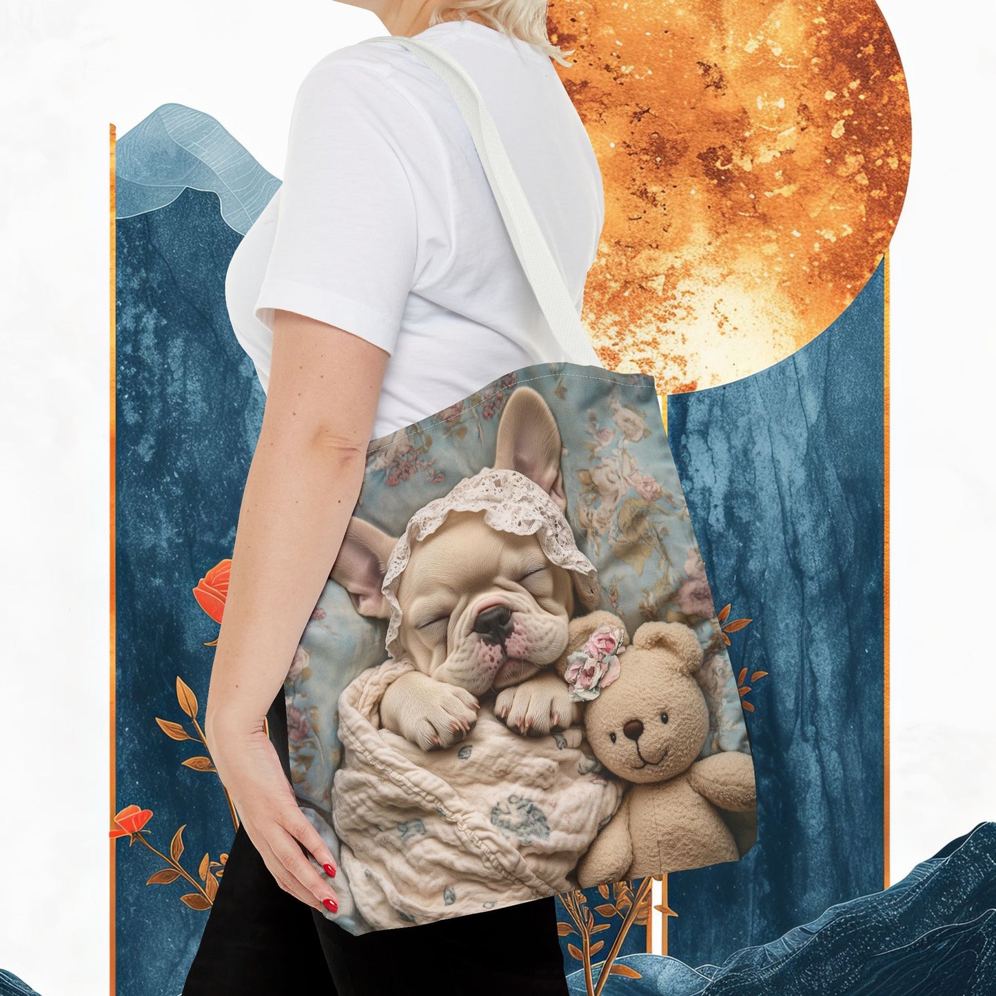 French Bulldog in Baby Bonnet: "Dreamy Slumber" | Tote Bag (AOP) | Puppy Love Edition™