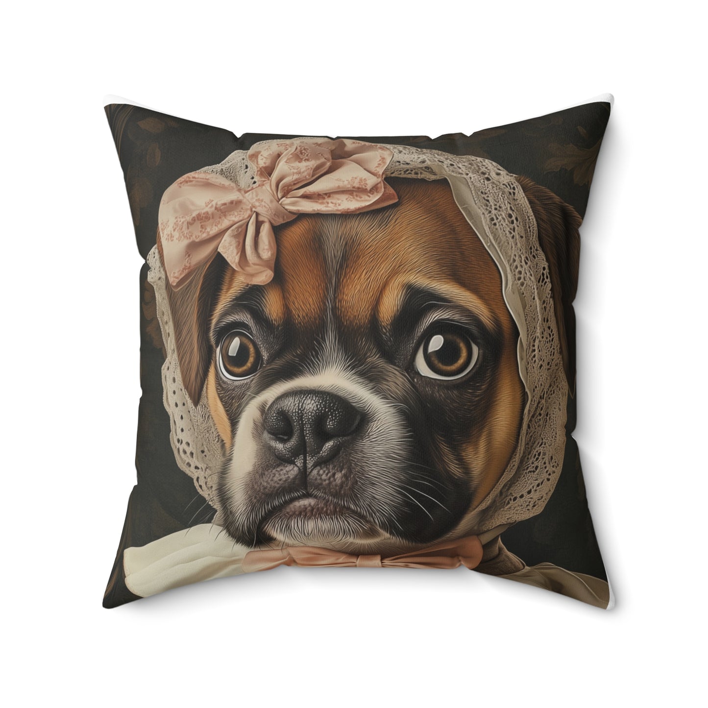 Boxer in Vintage Lace Bonnet: "Timeless Resolve" | Spun Polyester Square Pillow | Puppy Love Edition™