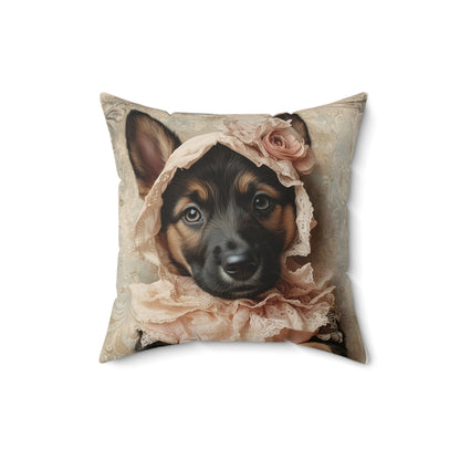 German Shepherd in Lace Dress: "Victorian Shepherd Elegance" | Spun Polyester Square Pillow | Puppy Love Edition™