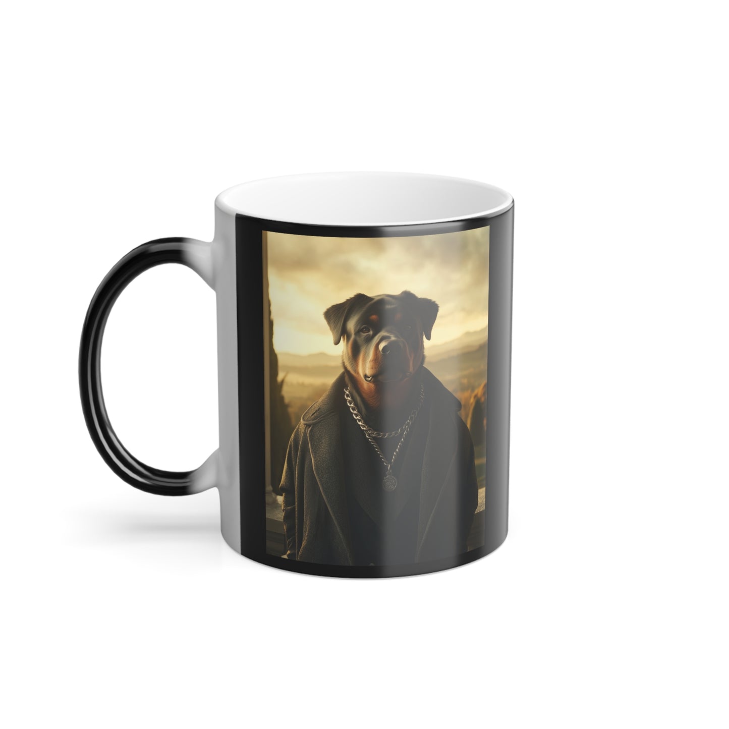 Rottweiler in Regal Eveningwear: "The Sunset Sentinel" | Color Morphing Coffee Mug, 11oz | Pawgue Chic Edition™