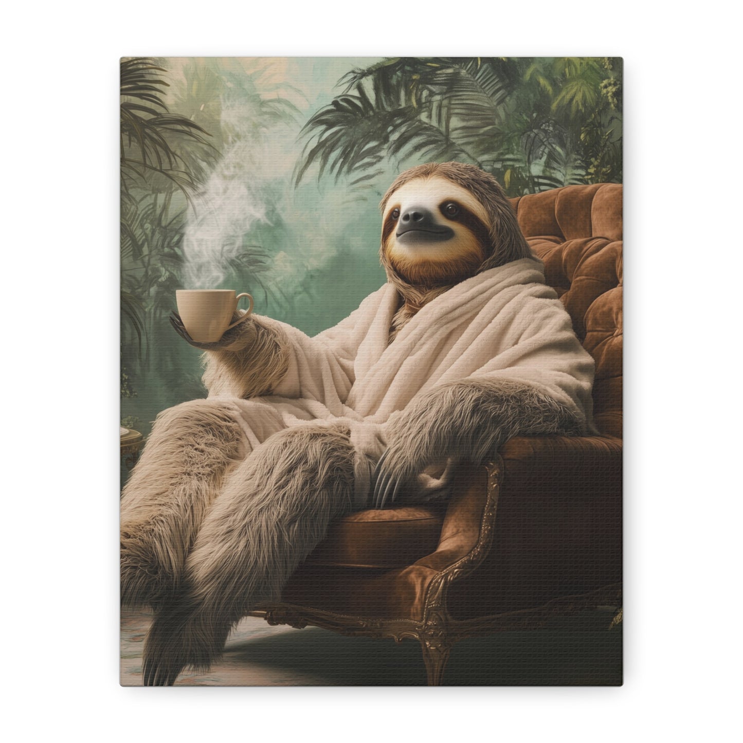 Sloth in Bathrobe with Coffee: "The Relaxed Royal" | Matte Canvas Print, Stretched, 1.25 | Pawgue Chic Edition™