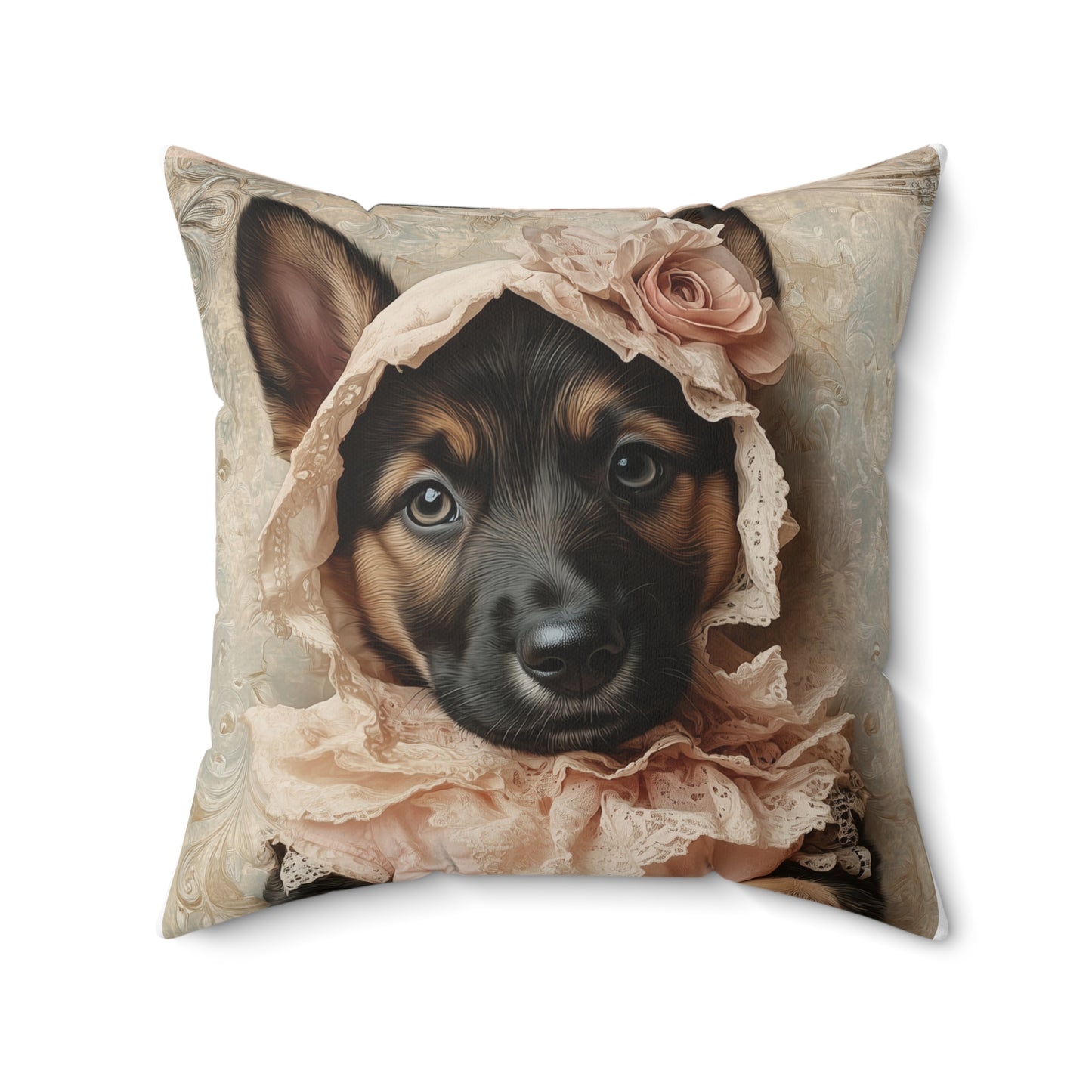 German Shepherd in Lace Dress: "Victorian Shepherd Elegance" | Spun Polyester Square Pillow | Puppy Love Edition™