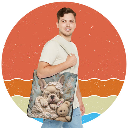 French Bulldog in Baby Bonnet: "Dreamy Slumber" | Tote Bag (AOP) | Puppy Love Edition™