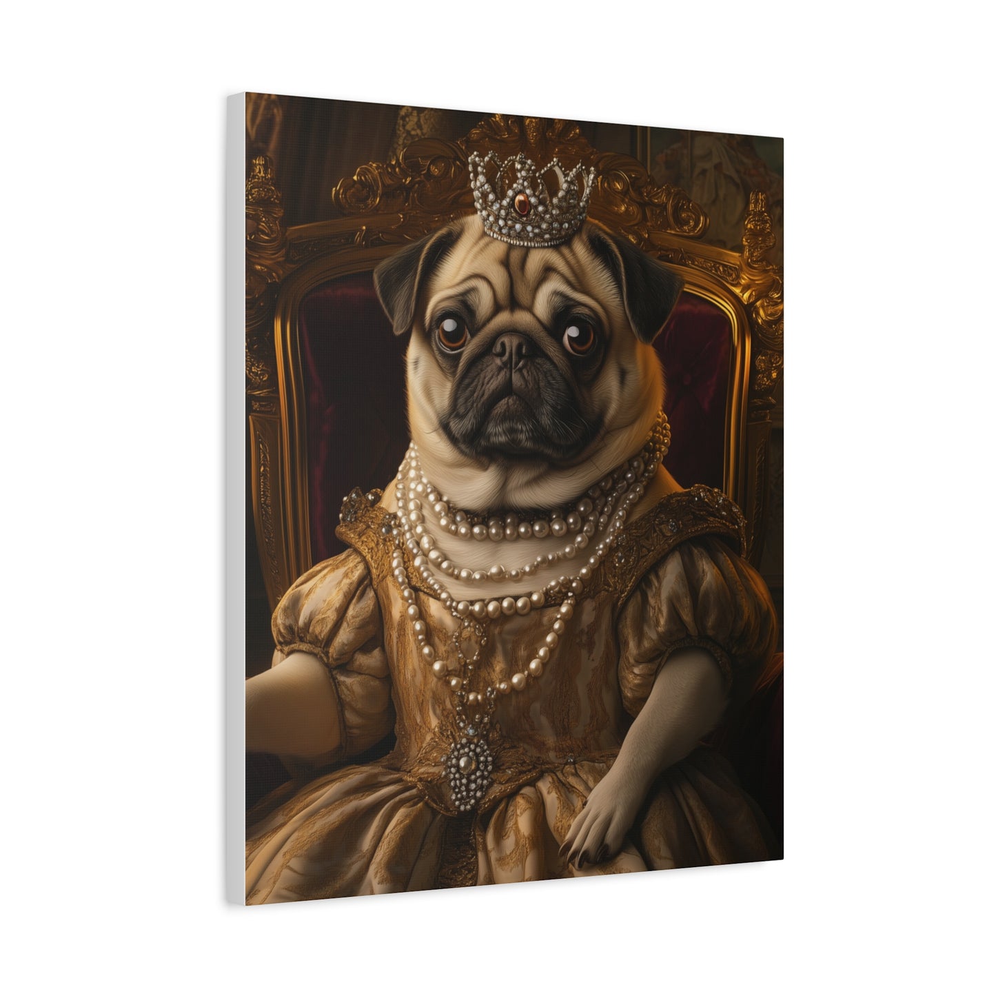 Pug in Royal Gown on Throne: "Pug Majesty" | Matte Canvas Print, Stretched, 1.25 | Historical Fiction Edition™