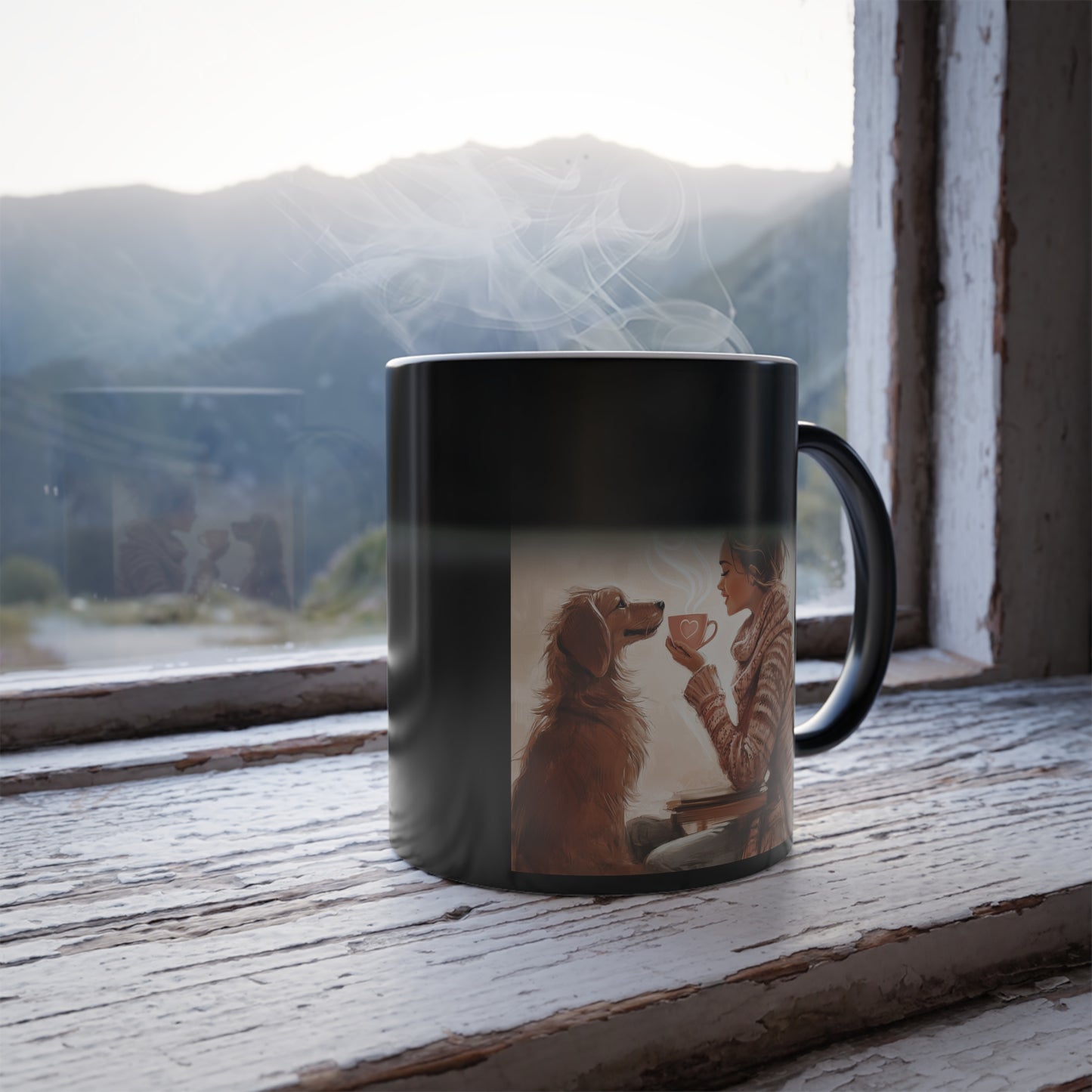 Golden Dog Sharing Coffee with a Woman: "Sip and Soulmate" | Color Morphing Coffee Mug, 11oz | Bliss Edition™