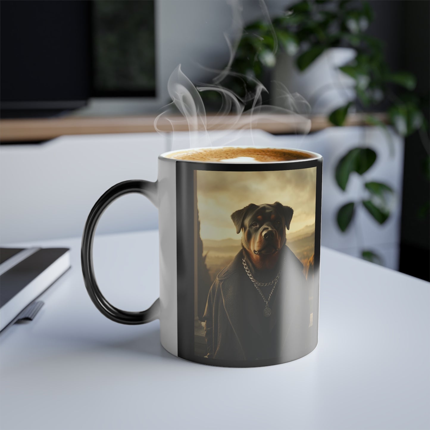 Rottweiler in Regal Eveningwear: "The Sunset Sentinel" | Color Morphing Coffee Mug, 11oz | Pawgue Chic Edition™