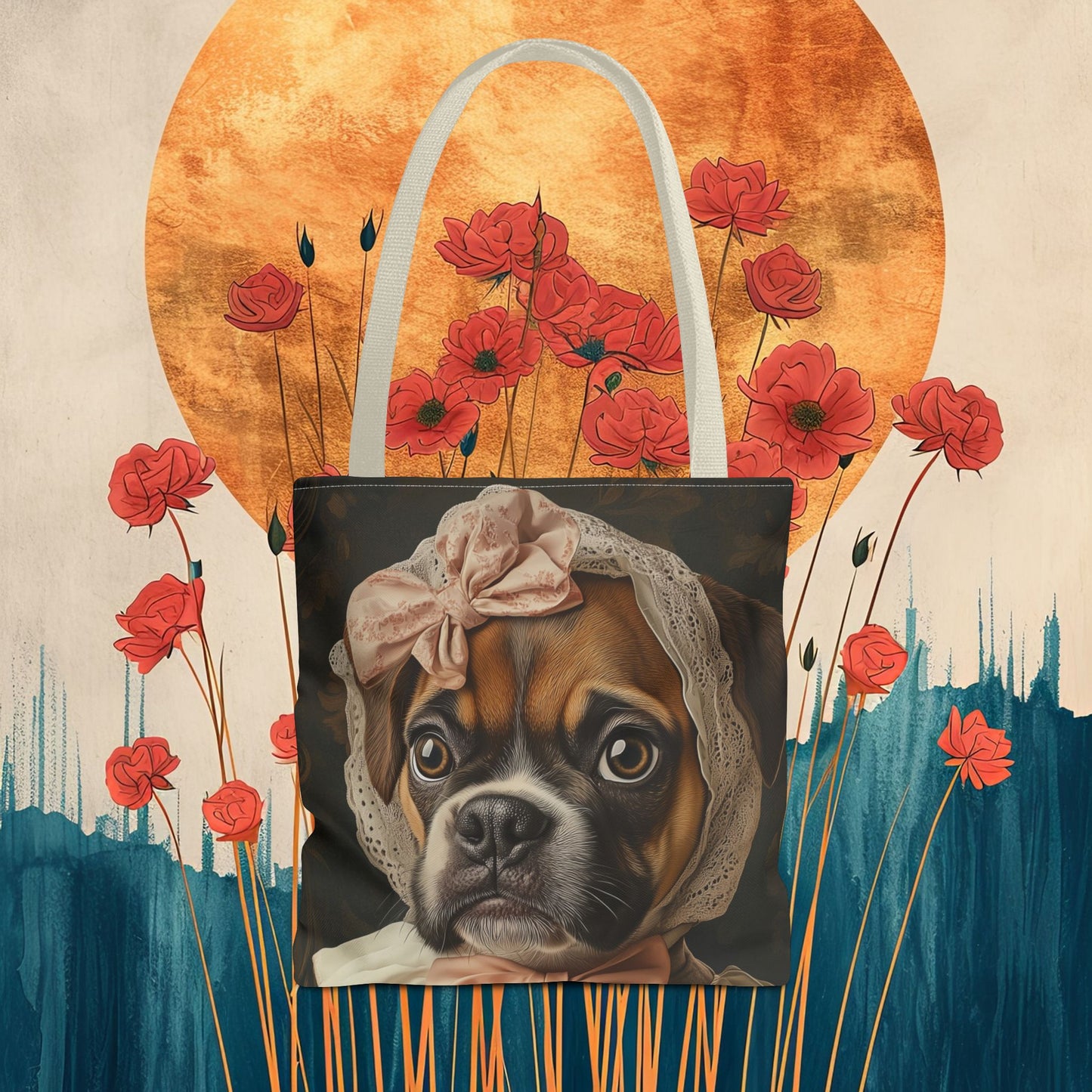 Boxer in Vintage Lace Bonnet: "Timeless Resolve" | Tote Bag (AOP) | Puppy Love Edition™