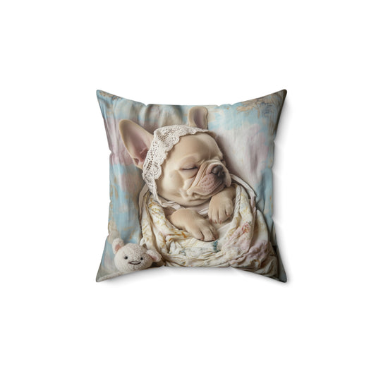 French Bulldog with Teddy Bear: "Lace and Cuddles" | Spun Polyester Square Pillow | Puppy Love Edition™