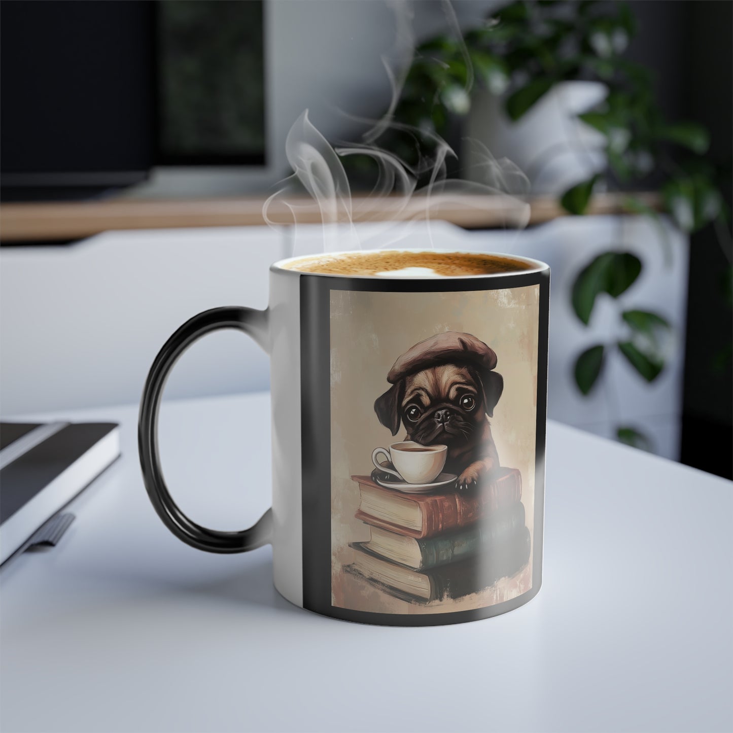 Pug with Books: "Parisian Pug Pause" | Color Morphing Coffee Mug, 11oz | Bliss Edition™