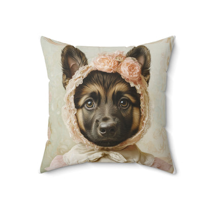 German Shepherd in Lace Bonnet: "Pastoral Guardian" | Spun Polyester Square Pillow | Puppy Love Edition™