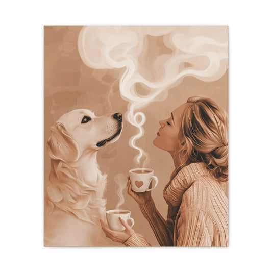 Golden Dog and Coffee: "Warm Paws, Warm Hearts" | Matte Canvas Print, Stretched, 1.25 | Java Joy Edition™