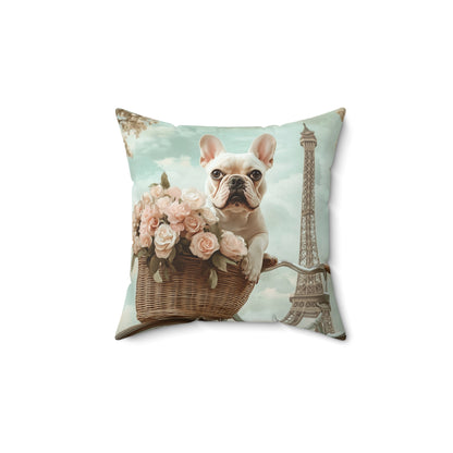 French Bulldog in Paris: "Paws and Petals" | Spun Polyester Square Pillow | Puppy Love Edition™