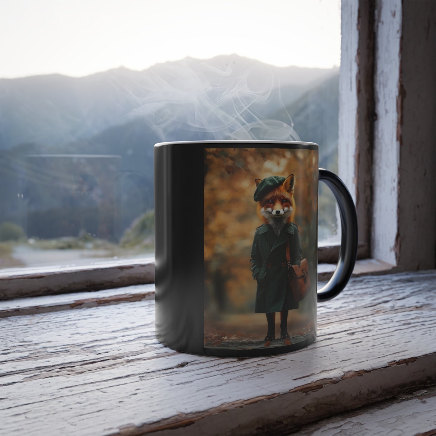 Fox in Autumn Coat: "Forest Chic Stroll." | Color Morphing Coffee Mug, 11oz | Pawgue Chic Edition™