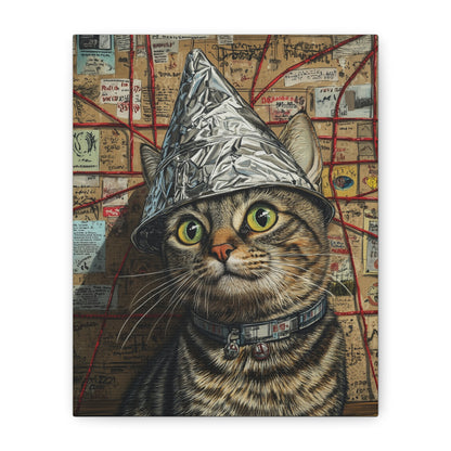 Tabby Cat in a Tinfoil Hat: "Conspiracy Cat Chronicles" | Matte Canvas Print, Stretched, 1.25 | Pawp Culture Edition™