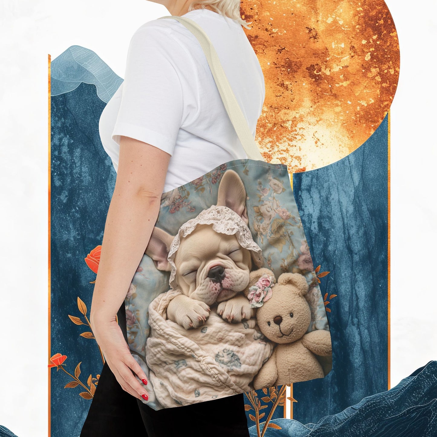 French Bulldog in Baby Bonnet: "Dreamy Slumber" | Tote Bag (AOP) | Puppy Love Edition™