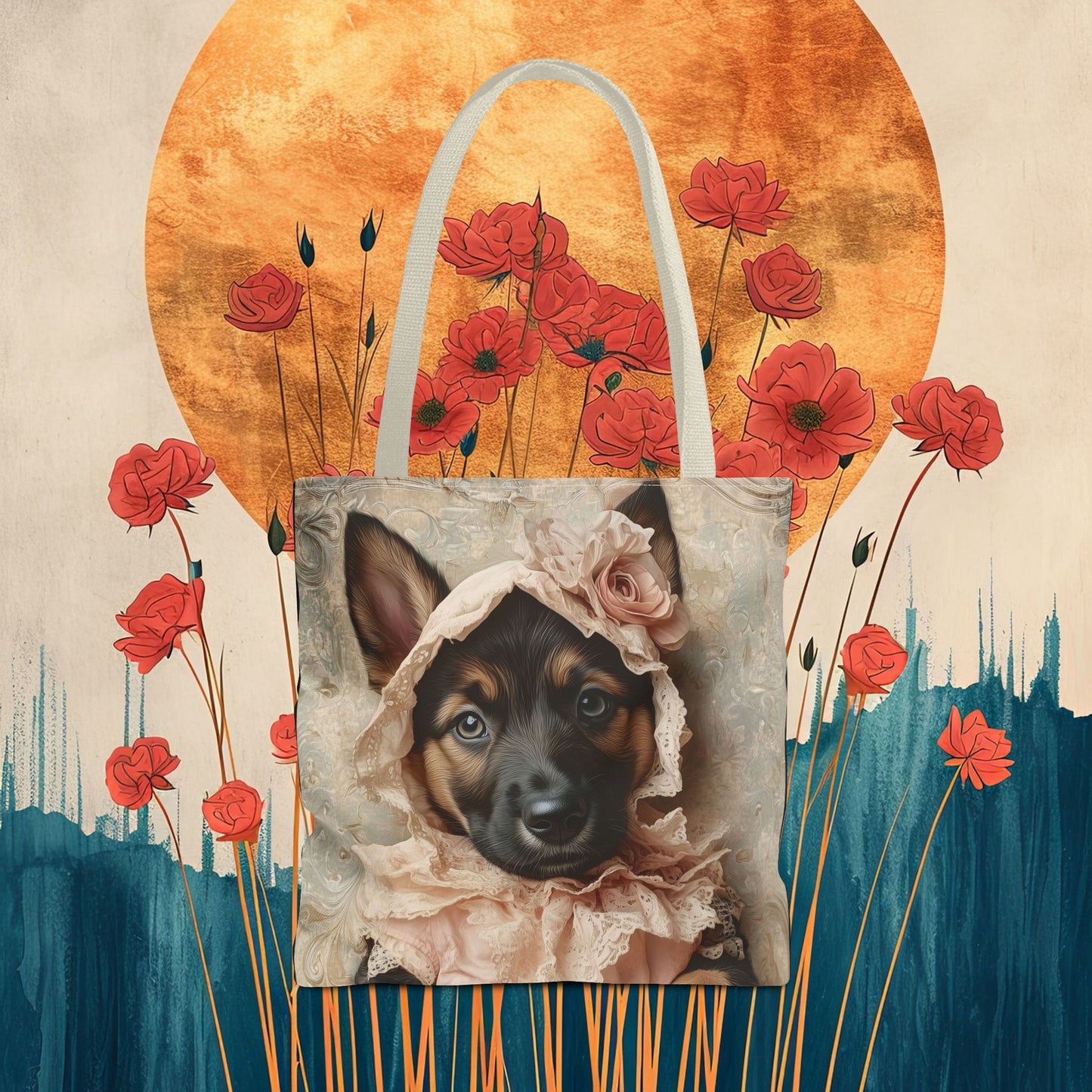 German Shepherd in Lace Bonnet: "Pastoral Guardian" | Tote Bag (AOP) | Puppy Love Edition™