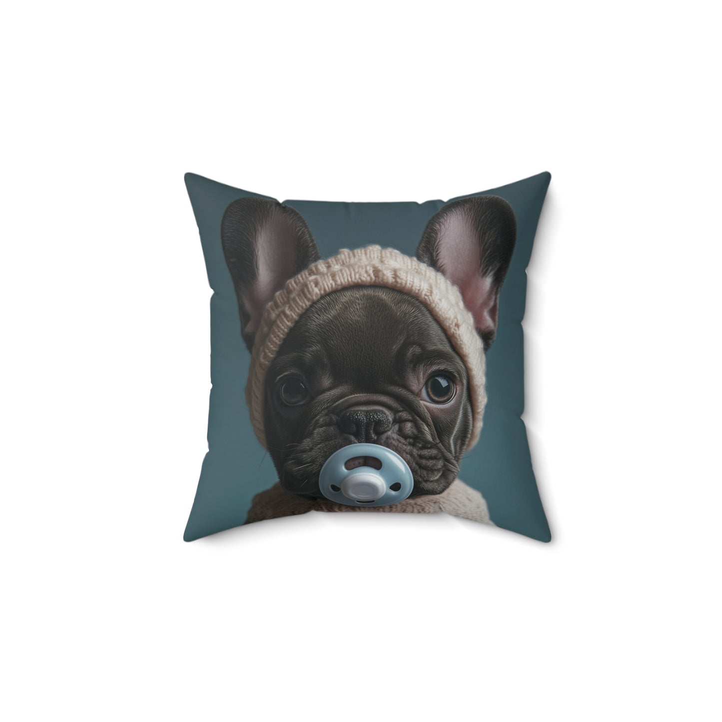 French Bulldog in Cozy Knit Sweater: "Bundle of Joy" | Spun Polyester Square Pillow | Puppy Love Edition™