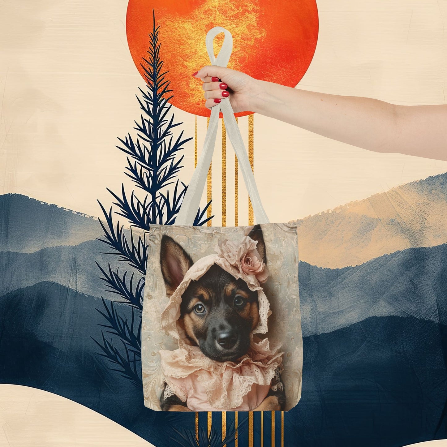 German Shepherd in Lace Bonnet: "Pastoral Guardian" | Tote Bag (AOP) | Puppy Love Edition™