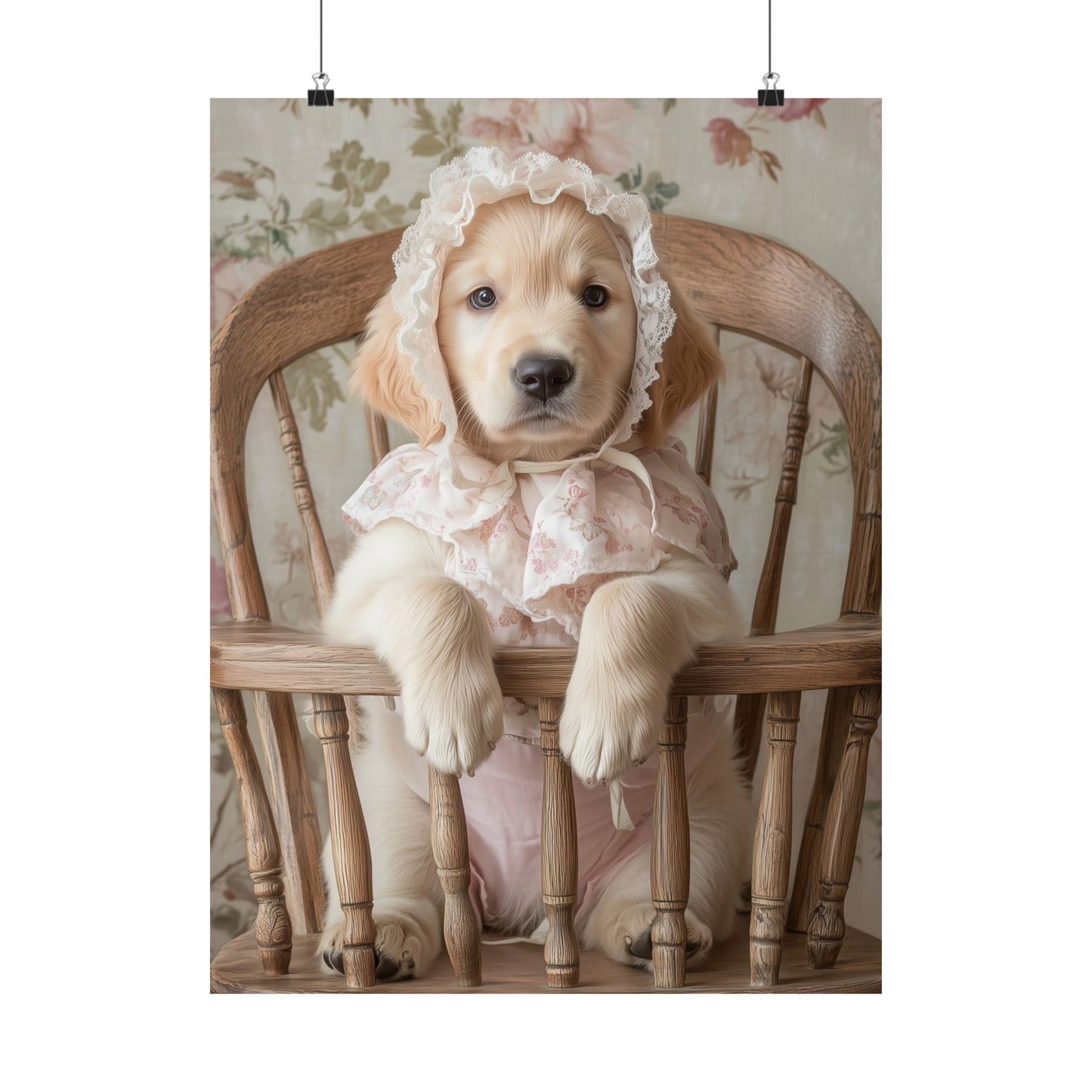 Golden Retriever in Floral Lace Bonnet: "Innocence Captured" | Matte Vertical Posters | Puppy Love Edition™