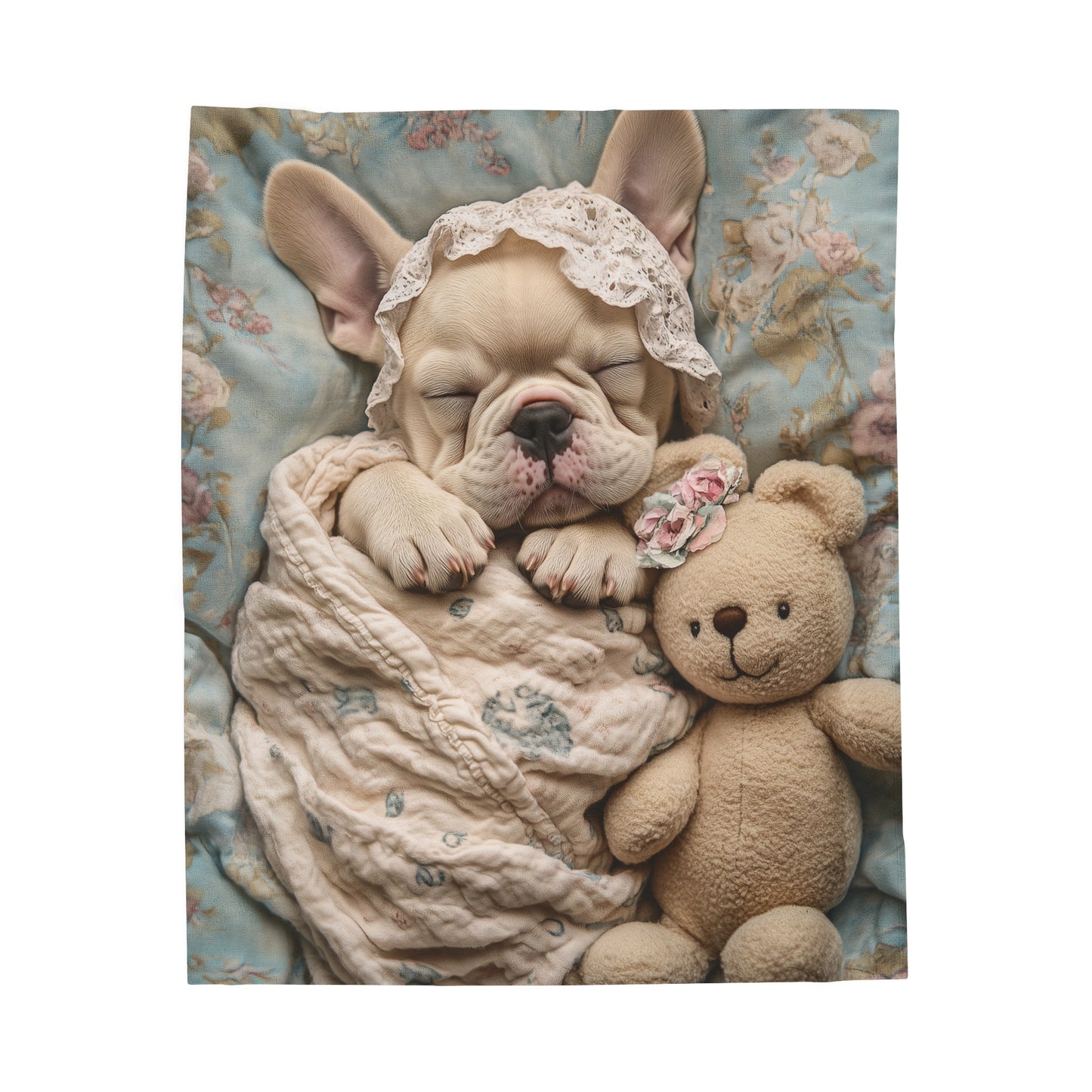 French Bulldog in Baby Bonnet: "Dreamy Slumber" | Velveteen Plush Blanket | Puppy Love Edition™