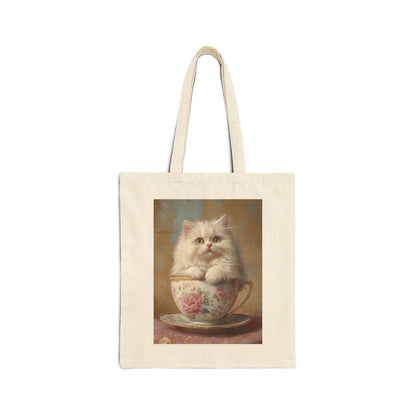 Persian Cat in Teacup: "Victorian Whiskers" | Canvas Tote Bag | Cafe Companions Edition™