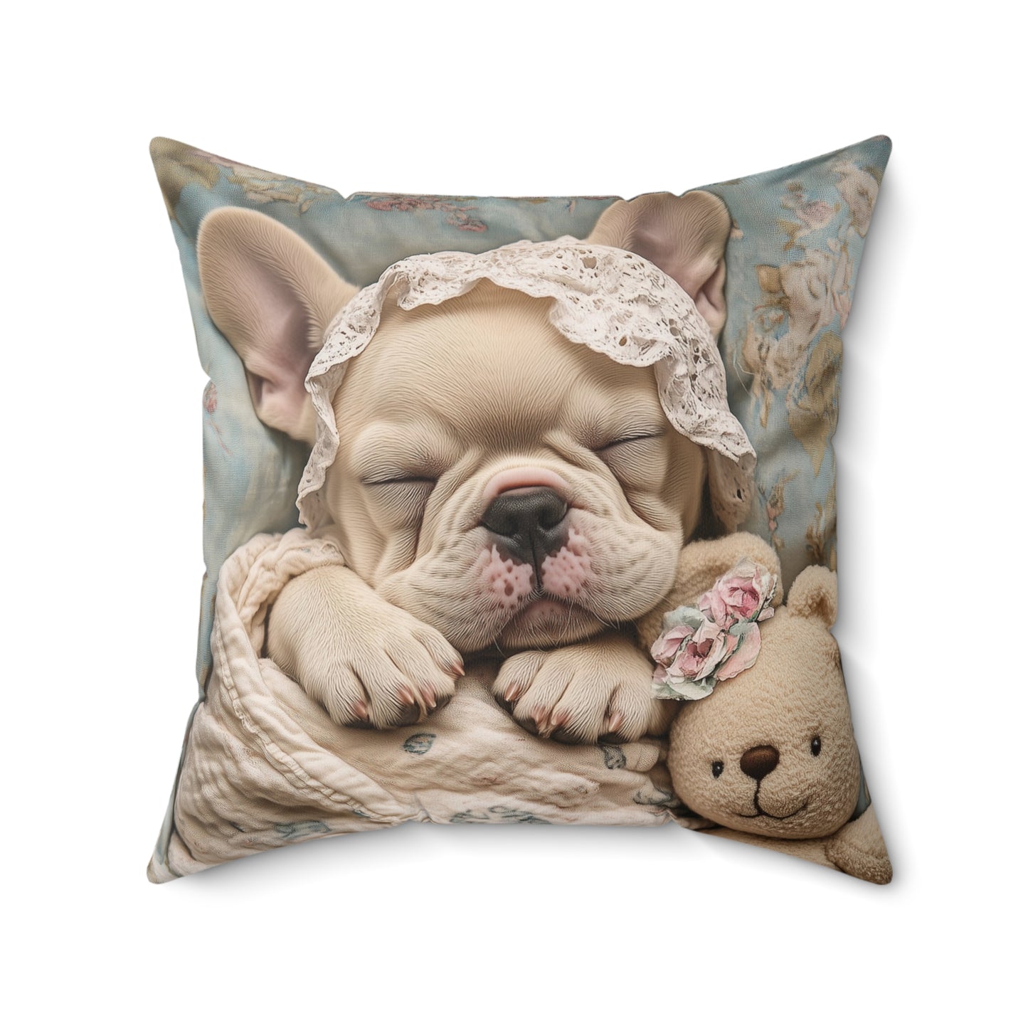 French Bulldog in Baby Bonnet: "Dreamy Slumber" | Spun Polyester Square Pillow | Puppy Love Edition™