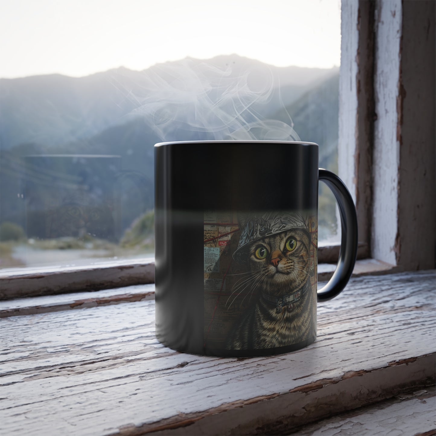 Tabby Cat in a Tinfoil Hat: "Conspiracy Cat Chronicles" | Color Morphing Coffee Mug, 11oz | Pawp Culture Edition™