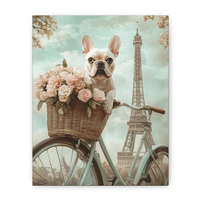 French Bulldog on Bicycle with Roses: "The Parisian Peddler" | Matte Canvas Print, Stretched, 1.25 | Puppy Love Edition™