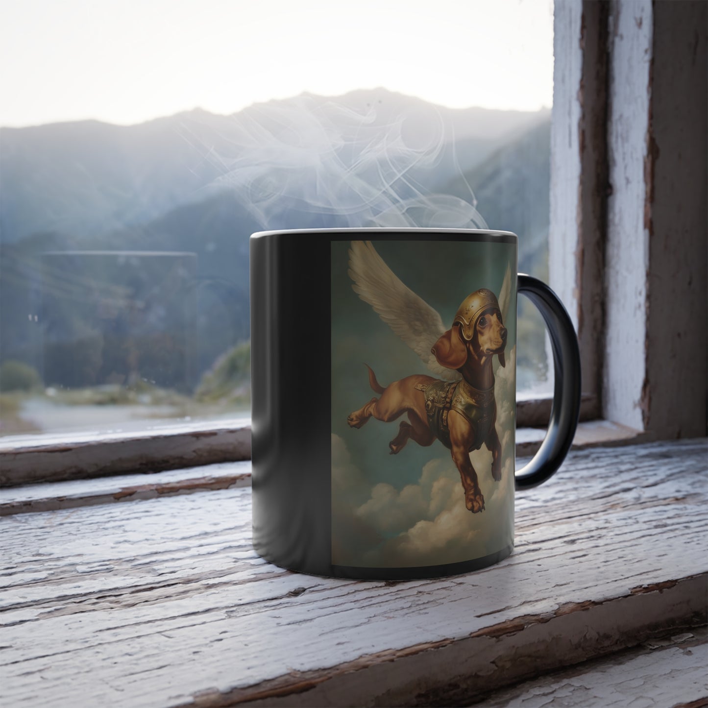 Dachshund as Hermes: "Heavenly Hound in Flight." | Color Morphing Coffee Mug, 11oz | Historical Fiction Edition™