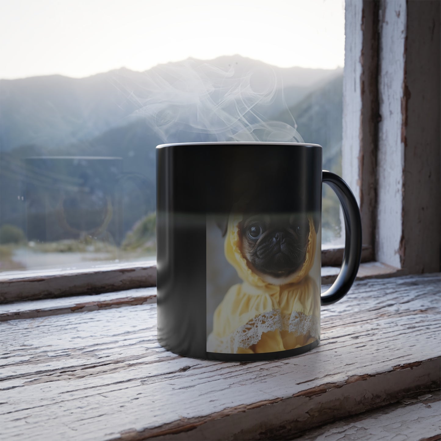 Pug in Yellow Bonnet: "The Sunshine Sweetie" | Color Morphing Coffee Mug, 11oz | Puppy Love Edition™