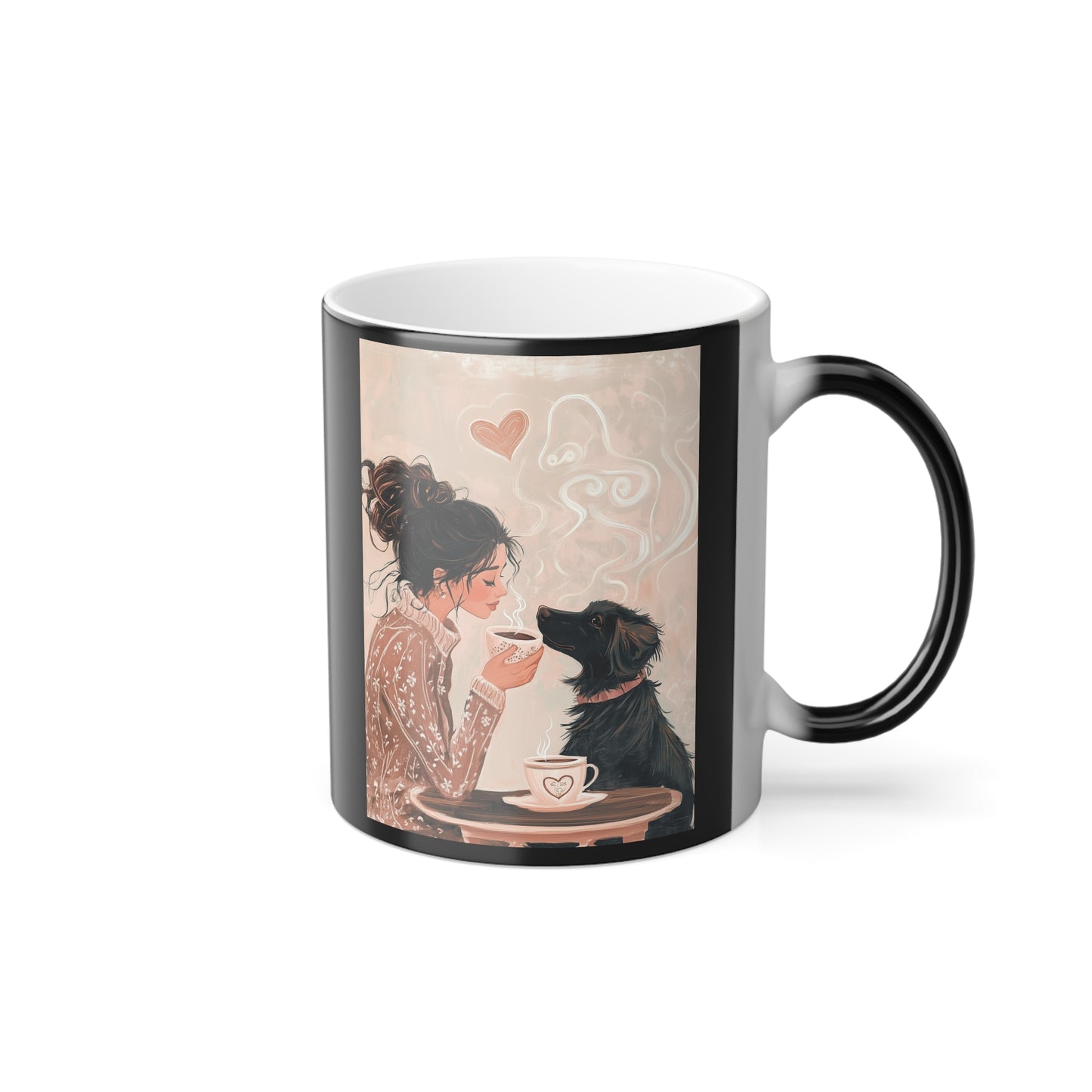 Black Dog Sharing Coffee with a Woman: "A Cup of Devotion" | Color Morphing Coffee Mug, 11oz | Bliss Edition™